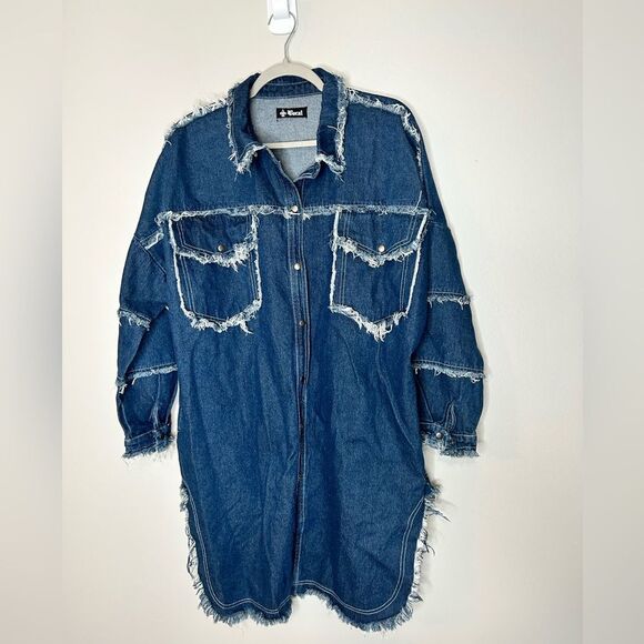 Vocal Denim Party Distressed Long Shacket - Picture 7 of 8
